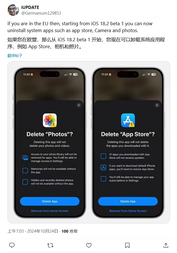 宜昌苹果手机维修分享iOS 18.2 支持删除 App Store 应用商店 